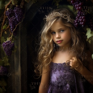 May include: A young girl with long blonde hair and blue eyes, wearing a gold crown and a purple dress with lace detailing. She is framed by grape vines and purple grapes, creating a fairytale aesthetic.