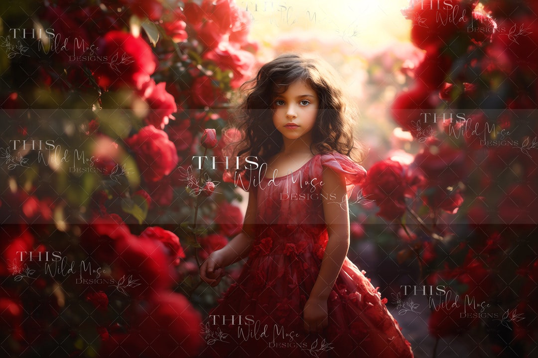Red Rose Garden Digital Backdrop, Red Roses Digital Background, Rose