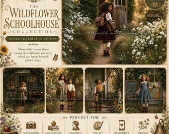 School digital backdrop, Wildflower Schoolhouse Digital Backdrop, Vintage Back to School Photography Backgrounds, photo overlay, wildflowers