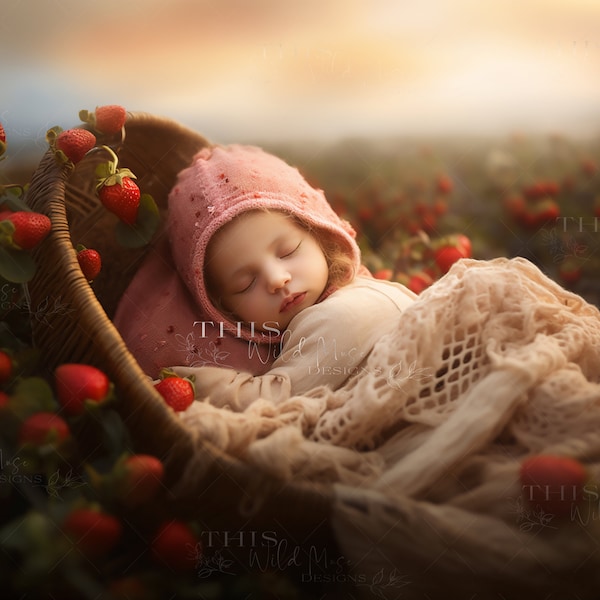 Strawberry Fields Newborn Digital background, newborn composite, newborn backdrop, strawberries, basket, crochet blanket, newborns, toddler