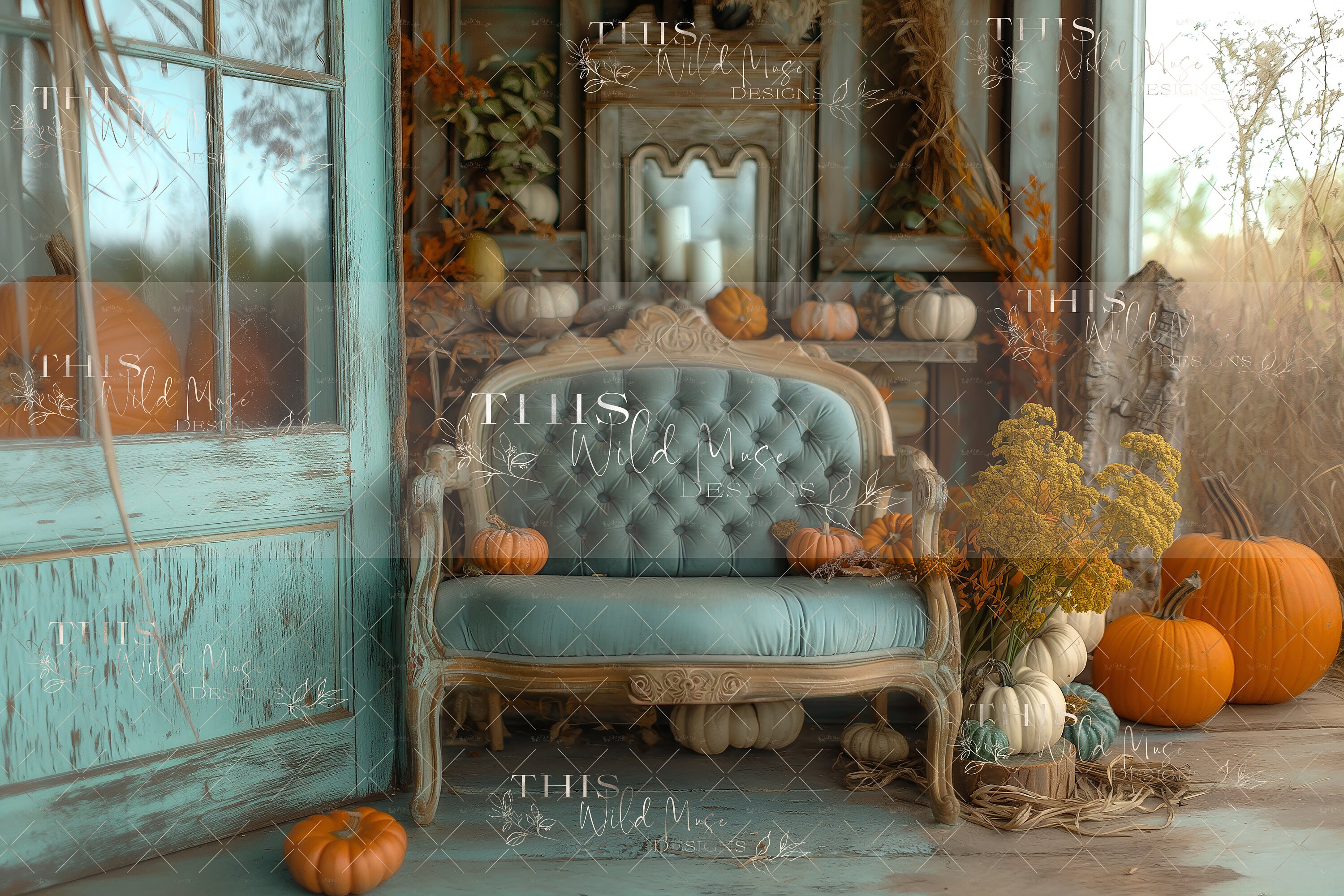 Outdoor Fall Settee Digital Background, Fall, Autumn, Pumpkins, Fall ...