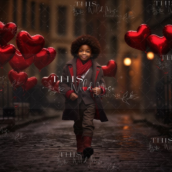 Telón de fondo digital de San Valentín, fondo digital de globos de corazón, telón de fondo de calle adoquinada, globos de corazón, Día de San Valentín, corazones rojos