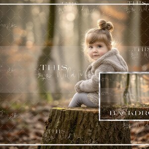 May include: A young child wearing a tan hooded jacket and gray pants sits on a tree stump in a forest. The background is a blurred view of trees and sunlight. A small framed image reads "BACKDROP".