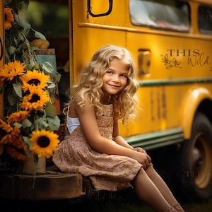 May include: A young girl with long blonde hair sits on the back of a yellow school bus. She is wearing a floral dress and smiling at the camera. There are sunflowers in the background.