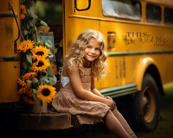 Summer Sunflower Digital backdrop, End of summer digital background, sunflowers, summer, school bus digital backdrop, composite digital