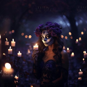 May include: A woman with a sugar skull makeup and a purple flower crown holds a lit candle in a dark forest setting. The background is filled with glowing candles.