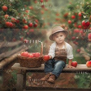 May include: A young child wearing a brown hat and a brown vest sits on a wooden bench in an apple orchard. The child is holding a red apple in one hand and a basket of red apples is on the bench beside them.