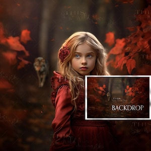 Może przedstawiać: Młoda dziewczyna w czerwonej sukience z kwiatem we włosach stoi w lesie na tle czerwono-brązowym. Tło ma napis "BACKDROP".