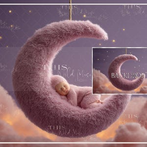 Fluffy Crescent Moon Newborn Digital Background | Pink Dreamy Baby Backdrop for Composite Photography | Moon Baby Photoshop Overlay