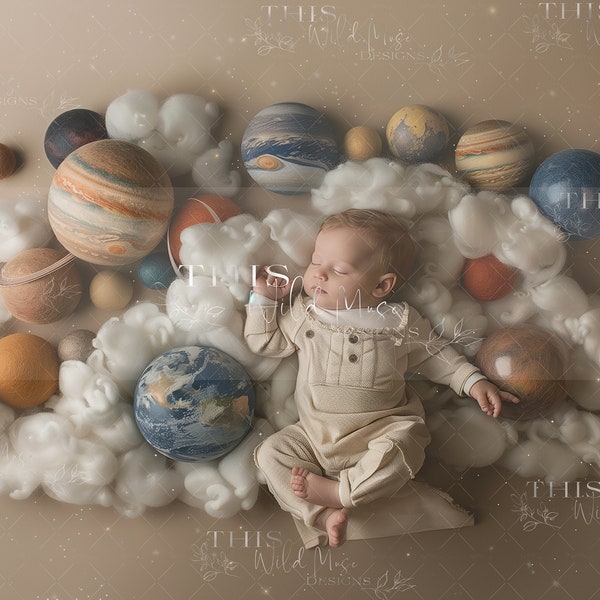 Newborn Studio Digital Background, planetary newborn digital, newborn creative composite, stars, plants, wool clouds, planet newborn digital