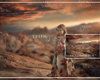 May include: A young girl wearing a floral dress stands in a desert landscape with a sunset sky. The background is a digital backdrop with a rocky desert scene.