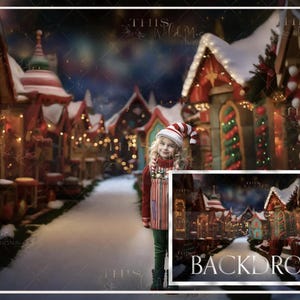 Puede incluir: Un telón de fondo digital que presenta un pueblo navideño nevado con casas coloridas, luces parpadeantes y un cielo estrellado. El telón de fondo es perfecto para crear fotos festivas.