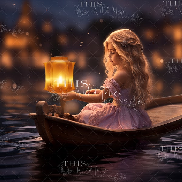 Princess digital background, nighttime boat voyage digital background, fantasy digital backdrop, princess, boat, lake, lantern PNG overlay