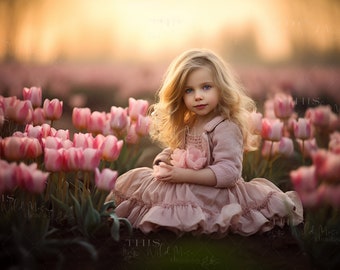 Op de afbeelding: Een jong meisje met lang blond haar zit in een veld met roze tulpen. Ze draagt een roze jurk en een roze trui. Ze houdt een roze tulp in haar hand.