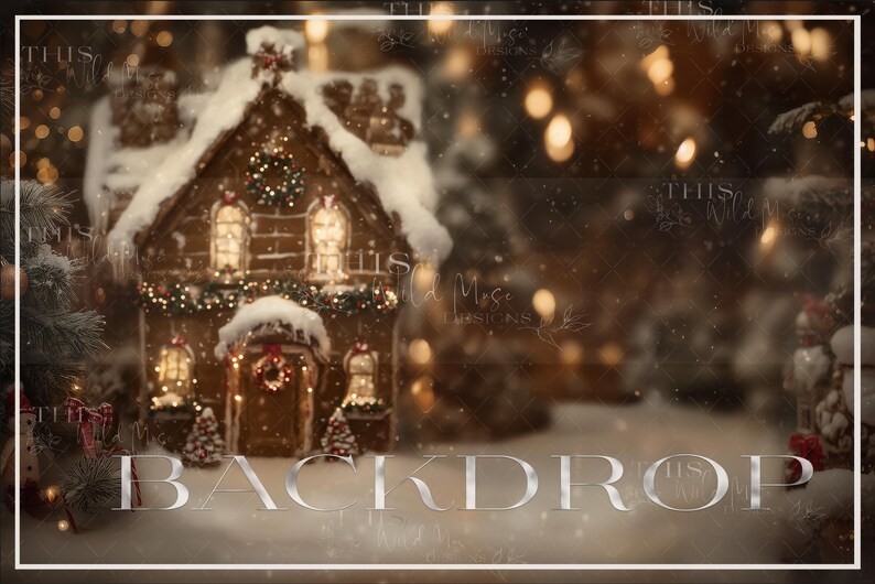 May include: A festive Christmas backdrop featuring a gingerbread house with snow-covered roof and decorative lights. The house is adorned with wreaths and garlands, creating a warm, inviting scene. The word "BACKDROP" is displayed at the bottom.