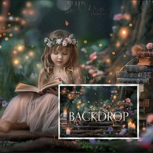 Enchanted Forest Digital backdrop, Fairytale background, Forest, Fireflies, Fairies, Woods, Green Leaves, Fairy Magic, books, candles,