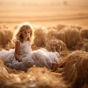 Puede incluir: Una niña con un vestido blanco se sienta en un campo de pacas de heno doradas. El sol brilla intensamente, proyectando un cálido resplandor en la escena.