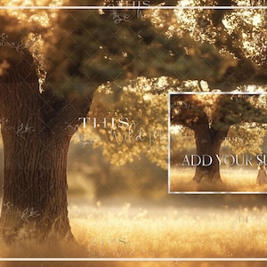 May include: A digital background image featuring two large trees with golden leaves in a field of tall grass. The trees are in the foreground and the grass is in the background. The image is perfect for adding your own subject to the scene. "Add your subject" is written in white text on the image.
