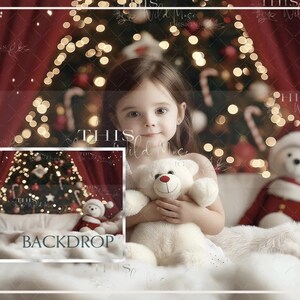 Holiday bed Digital background, Christmas digital backdrop, Festive, Christmas, Holiday, teddy bear, Holiday portrait digital backdrop