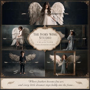 May include: A digital collection titled The Ivory Wing Studio featuring five backgrounds with children wearing large white feathered wings. The images include a child in a white dress, a child on a stool, a child in a gray dress, a child in black, and a child in a gold frame.
