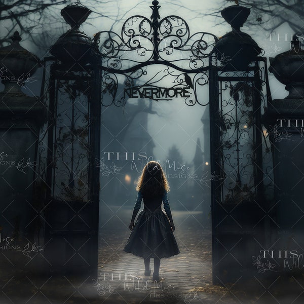 Nevermore Gate halloween digital background, Halloween, spooky digital backdrop, photoshop composite, fog, eerie digital background, moody