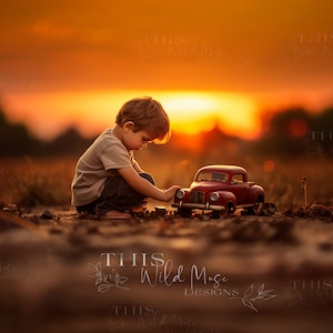 May include: A young boy in a brown shirt kneels in a field at sunset, looking at a red toy truck. The truck is in focus, while the boy and the background are blurred.