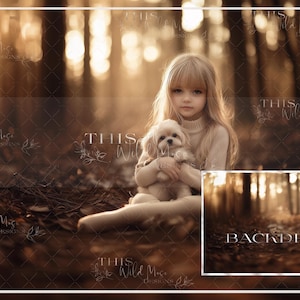 Puede incluir: Una niña joven con el pelo largo y rubio sostiene un pequeño perro blanco en un entorno de bosque. El fondo está desenfocado y tiene una luz cálida y dorada. La niña lleva un suéter blanco y el perro mira a la cámara.