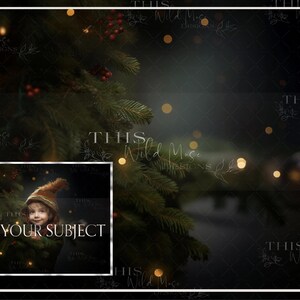May include: A digital backdrop featuring a dark green Christmas tree with twinkling lights and a blurred background. The text "ADD YOUR SUBJECT" is superimposed on the image.