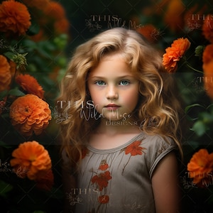 Flower garden digital backdrop, blooms, orange flower garden digital backdrop, portrait photography digital background, flowers in bloom