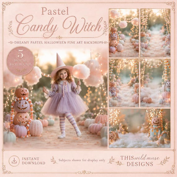 Pastel Halloween Digital Backdrops, Candy Witch Pumpkin Portrait Backgrounds, Whimsical Halloween Photo Props for Children