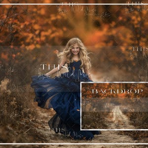 May include: A young girl in a blue dress twirls in a path surrounded by fall foliage. The path is lined with trees with orange and yellow leaves. The background is blurred.