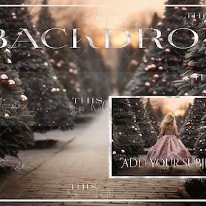 May include: A digital backdrop featuring a path lined with Christmas trees decorated with gold ornaments. The trees are blurred in the background, and the path leads to a sunset. The text "ADD YOUR SUBJECT" is superimposed on the image.