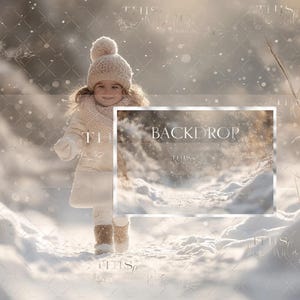 May include: A young girl wearing a white knit hat and coat stands in a snowy field. The background is blurred and has a soft, dreamy look. The girl is smiling and looking at the camera.