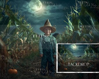 Halloween corn field digital background, halloween digital backdrop, halloween, corn field, full moon, pumpkins, halloween crop, nighttime