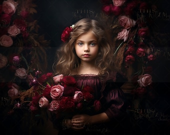 May include: A young girl with long brown hair and blue eyes is wearing a burgundy dress and holding a bouquet of red and pink roses. The background is a dark, moody setting with a floral backdrop.