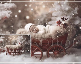 Christmas Newborn Digital Backdrop, Red Wagon, Snowy Reindeer Scene (Digital Download)