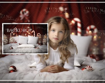 Christmas bed Digital background, Christmas digital backdrop, Festive, Christmas, Holiday, candy cane, Holiday portrait digital backdrop