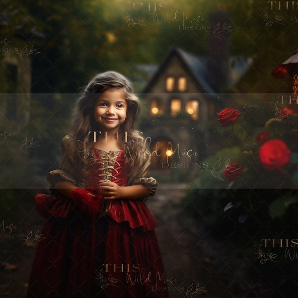 Fairytale forest digital backdrop, fairytale digital background, red roses, forest, forest cottage digital background, forest path,