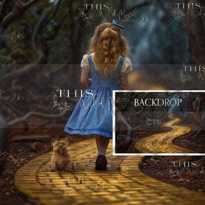 May include: A young girl in a blue and white gingham dress walks down a yellow brick road in a forest setting. A small brown dog sits on the path behind her. The text "BACKDROP" is visible in the image.