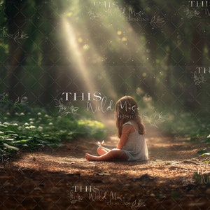 Beautiful green summer forest digital backdrop, Spring background, Grass, trees with a natural path, filtered light, forest path