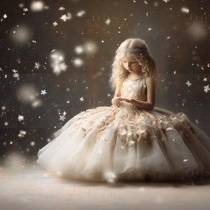 May include: A young girl wearing a white and gold tulle dress with floral embellishments sits on a floor with a brown background. Snowflakes are falling around her.