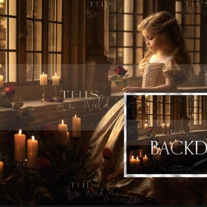 May include: A young girl in a white dress with a gold bodice sits in a dimly lit room with large windows. The room is decorated with candles and a single red rose. The text "BACKDROP" is visible in the lower right corner of the image.