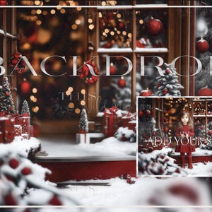 May include: A Christmas backdrop featuring a red brick building with a window display decorated with red ornaments, greenery, and lights. The building is covered in snow and there is a red door with a wreath. The text "Add Your Subject" is visible in the lower right corner of the image.