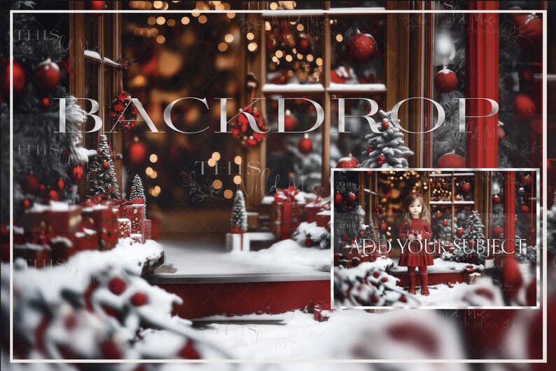 May include: A Christmas backdrop featuring a red brick building with a window display decorated with red ornaments, greenery, and lights. The building is covered in snow and there is a red door with a wreath. The text "Add Your Subject" is visible in the lower right corner of the image.
