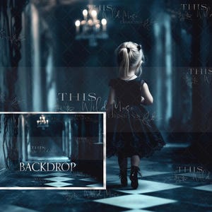 May include: A young girl in a black dress stands in a dark, mysterious hallway with a checkered floor. The hallway is dimly lit and has a vintage feel. The image is a digital backdrop for photography.