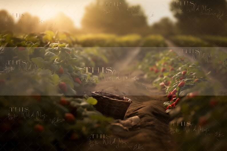 May include: A wicker basket sits in a field of green plants with red berries. The background is blurred and shows a path leading into the field. The sun shines brightly in the distance.