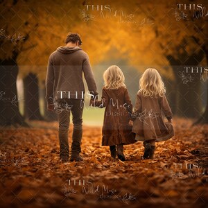 May include: A man and two girls walk through a forest path covered in autumn leaves. The trees are bare and the leaves are a mix of brown, orange, and yellow.