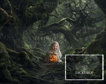 May include: A child dressed in a white hooded robe holds a glowing jack-o'-lantern in a dark, mossy forest setting. The forest is filled with gnarled branches and glowing lights.