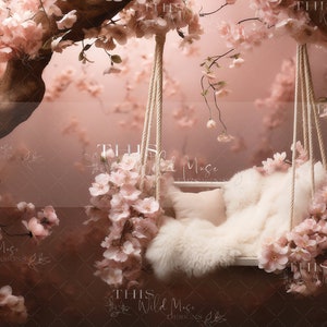 Newborn Floral Swing Studio digital background, pink blossoms, tree, flowers, newborn photoshop composite, newborn, toddler, soft pink tones