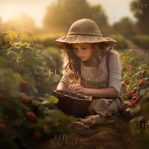 May include: A young girl wearing a straw hat and a white dress sits in a strawberry field, picking strawberries into a wicker basket.
